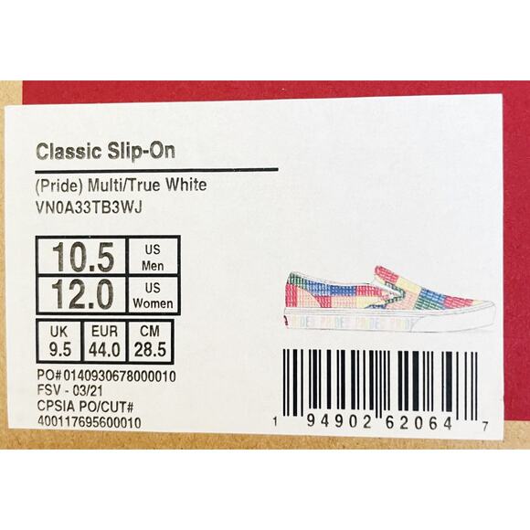 NWT Vans Classic Slip On Sneaker Pride Multi True White Size M10.5 W12.0 New - Picture 10 of 10